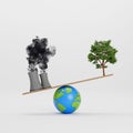 Polluting factory and green tree balancing on a globe. Save the world concept. 3D Rendering