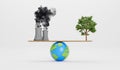 Polluting factory and green tree balancing on a globe. Save the world concept. 3D Rendering