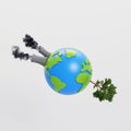 Polluting factory and green tree balancing on a globe. Save the world concept. 3D Rendering