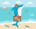 Cartoon shark leaving the polluted ocean with a suitcase.