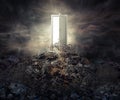 Pollution concept open door on top of mountain of garbage Royalty Free Stock Photo