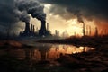 Pollution of the environment. Global warming concept. 3D rendering, Coal-fired power plant with plumes of smoke and steam rising Royalty Free Stock Photo