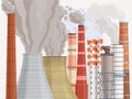 Pollution environmental contamination factory chimney flat vector illustration. Dirty air factory area damage to