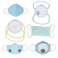 Pollution mask. Hospital protection respiration masking face industrial air breath vector cartoon collection