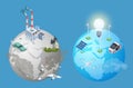 Pollution planet problem. Pollution vs clean earth. Isometric alternative energy sources vector illustration