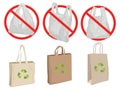 Pollution problem concept. Say no to plastic bags, bring your own textile bag. Cartoon styled images with signage