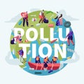 Pollution, Recycling, Ecology Concept. People Removing Trash from Planet Cleaning Earth Surface with Rakes. Saving Planet