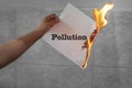 Pollution word text burning with fire on paper