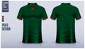 Green polo shirt mockup template design for soccer jersey, football kit, golf, tennis, sportswear. Zebra stripes pattern.