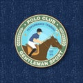 Polo badge, patch, emblem, logo. Vector illustration. Color polo label, sticker with rider and horse silhouettes Royalty Free Stock Photo