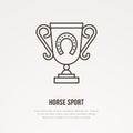 Polo champion trophy linear icon. Golden cup with horseshoe logo, horse races championship sign. Winner award