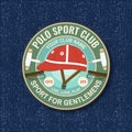 Polo club sport badge, patch, emblem, logo. Vector. Color equestrian label, sticker with polo helmet and polo mallet