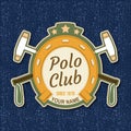 Polo club sport badge, patch, emblem, logo. Vector illustration. Vintage equestrian label, sticker with horseshoe and