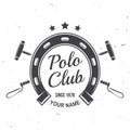 Polo club sport badge, patch, emblem, logo. Vector illustration. Vintage monochrome equestrian label with horseshoe and