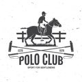Polo club sport badge, patch, emblem, logo. Vector illustration. Vintage monochrome equestrian label with rider and
