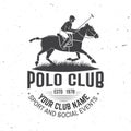 Polo club sport badge, patch, emblem, logo. Vector illustration. Vintage monochrome polo label with rider and horse Royalty Free Stock Photo