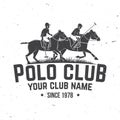 Polo club sport badge, patch, emblem, logo. Vector illustration. Vintage monochrome polo label with rider and horse Royalty Free Stock Photo