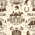 Polo sport club seamless pattern. Vector illustration. Vintage monochrome equestrian background with rider and horse Royalty Free Stock Photo