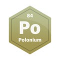 Polonium chemical element tile. Atomic number eighty four. Po sign Vector icon. Olive green gradient hexagon. Royalty Free Stock Photo
