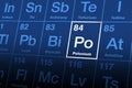Polonium, element with symbol Po, on the periodic table