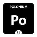 Polonium symbol. Sign Polonium with atomic number and atomic weight. Po Chemical element of the periodic table on a glossy white