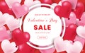 Happy Valentine`s Day, 50% Sale banner. Holiday background with border frame made of realistic heart shaped red, pink and white ba Royalty Free Stock Photo