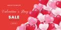 Happy Valentine`s Day, 50% Sale banner. Holiday background with border frame made of realistic heart shaped red, pink and white ba Royalty Free Stock Photo