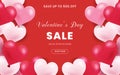 Happy Valentine`s Day, 50% Sale banner. Holiday background with border frame made of realistic heart shaped red, pink and white ba Royalty Free Stock Photo