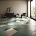 Modern Living Room With Green Patterned Floor: Dark Sky-blue And Light Bronze Design