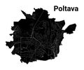 Poltava city map, Ukraine. Municipal administrative borders, black and white area map with rivers and roads, parks and railways
