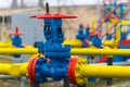 Poltava, Ukraine - February 3, 2023: Pipes, taps and a valve for shutting off gas supply at a gas compressor station