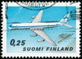 Vintage stamp printed in Finland 1969 shows the 50th Anniversary of Commercial Aviation