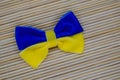 Poltava, Ukraine - 27 November, 2022: A bow made of blue-yellow fabric as the flag of Ukraine on a bamboo background