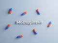 Poltava, Ukraine - 19 October 2021 Molnupiravir pills, treatment of covid. Coronavirus medication, 3d render. Flat lay