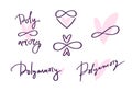 Polyamory hand drawn logo set. Ethical non monogamy concept. Notions of polygamy and open relations. Heart shape sign