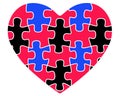 Polyamory symbol - a heart consisting of many puzzles of blue, red and black colors - vector picture. A jigsaw heart is a symbol o