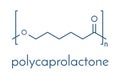 Polycaprolactone PCL biodegradable polyester, chemical structure. Frequently used for biomedical applications and for rapid.