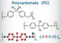 Polycarbonate PC thermoplastic polymer molecule. Structural chemical formula and molecule model