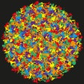 Polychromatic confetti sphere. Dissonant fragment congregation. Effervescent mosaic Vector. Interstellar backdrop spectacle. Royalty Free Stock Photo