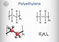 Polyethylene, polythene, PE, polyethene, poly(methylene) molecule. Structural chemical formula, molecule model.