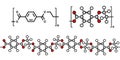 Polyethylene terephthalate PET, PETE polyester plastic, chemical structure. Mainly used in synthetic fibers and plastic bottles.