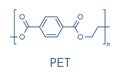 Polyethylene terephthalate PET, PETE polyester plastic, chemical structure. Mainly used in synthetic fibers and plastic bottles.