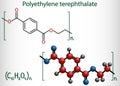 Polyethylene terephthalate or PET, PETE polyester, thermoplastic polymer molecule. Structural chemical formula and molecule model Royalty Free Stock Photo