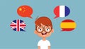 Multilingual Child Speaking English, Chinese, French and Spanish Vector Cartoon