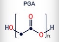 Polyglycolide or polyglycolic acid, PGA molecule. It is a biodegradable, thermoplastic polymer. Skeletal chemical formula