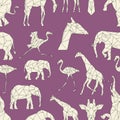 Polygon african animals pattern. Low poly giraffe, elephant, flamingo