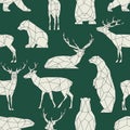 Polygon bears, deers pattern. Low poly forest animal. Triangle graphic
