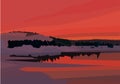 Polygon Landscape. Lake, Mountains And Trees In Red Colors