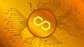 Polygon MATIC cryptocurrency token symbol of in circle with PCB tracks on gold background.