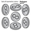 Polygon MATIC set of simple coins in isometric view in black and white isolated on white. Royalty Free Stock Photo